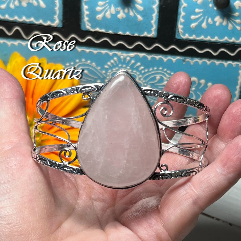 Rose Quartz Bracelet Cuff Bangle Handmade Gemstone Crystal 925 Silver Plated